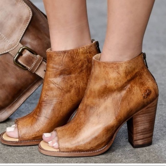 BED|STU Shoes - Bed Stu Onset Peep Toe Women’s Cognac Leather Zipper Ankle & Booties Boots